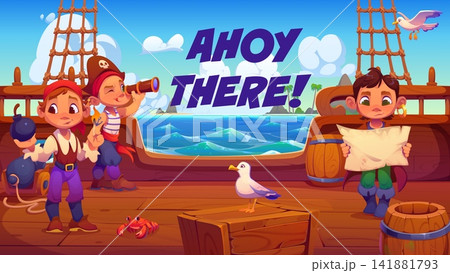 Cartoon cute kids pirates on wooden ship deck with treasure map at Caribbean sea. Kids pirates crew characters on sailboat, funny boy captain and sailor with spyglass and girl skipper with cannonball 141881793