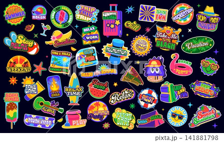 Summer travel and relax y2k groovy patch stickers. Vacation retro funky labels of vector luggage, beach umbrella and ball, sunglasses and sand toys. Cartoon groovy sun emoji, ice cream, palm stickers Summer travel and relax y2k groovy patch stickers. Vacation retro funky labels of vector luggage, beach umbrella and ball, sunglasses and sand toys. Cartoon groovy sun emoji, ice cream, palm stickers 141881798