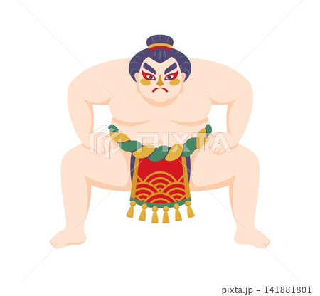 Muscular Japanese sumo wrestler icon in traditional mawashi loincloth with colorful rope belt and gold tassels, standing in powerful squat pose with fierce face paint and topknot hairstyle 141881801