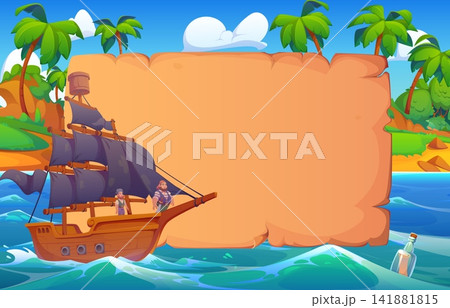 Old paper scroll banner and pirate ship with sails at large aged parchment scroll. Ttropical island with palm trees and rolling waves while a floating bottle drifts in the sea adventure Old paper scroll banner and pirate ship with sails at large aged parchment scroll. Ttropical island with palm trees and rolling waves while a floating bottle drifts in the sea adventure 141881815
