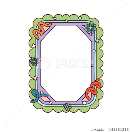 Cartoon retro groovy hippie frame with scalloped green border, pastel purple inner frame, decorative flowers, stars and ribbon wave elements. Pop art vintage playful nostalgic Y2K and psychedelic vibe Cartoon retro groovy hippie frame with scalloped green border, pastel purple inner frame, decorative flowers, stars and ribbon wave elements. Pop art vintage playful nostalgic Y2K and psychedelic vibe 141881818