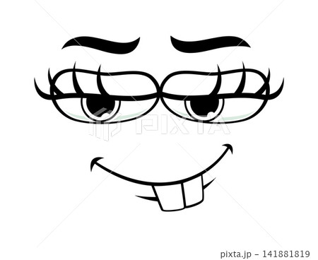 Cartoon sly smiling face emoji with half closed eyes, long lashes and mischievous expression. Comic retro funny character emotion or facial expression conveying sarcasm, confidence or playful attitude 141881819