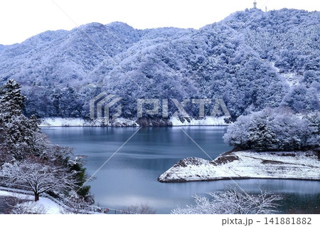 【神奈川県】雪の積もった津久井湖の湖畔 【神奈川県】雪の積もった津久井湖の湖畔 141881882