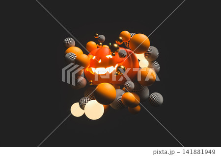 3d glowing halloween pumpkin with abstract geometric spheres. 3d glowing halloween pumpkin with abstract geometric spheres. 141881949