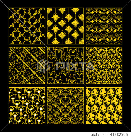 Art deco golden patterns collection black background 141882596