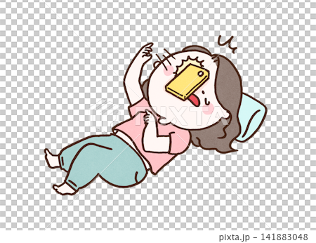 A woman who drops her smartphone on her face while lying on her back and using it (a common occurrence) 141883048