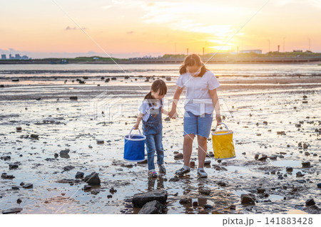 Asian Family Exploring Rocky Beach Tide Pool During Summer Vacation Asian Family Exploring Rocky Beach Tide Pool During Summer Vacation 141883428