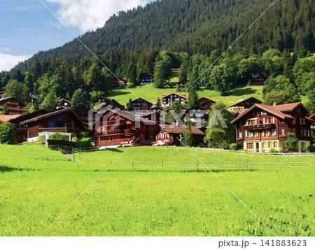 スイス・アルプスの豊かな自然と木造のシャーレが立ち並ぶのどかな農村風景 141883623