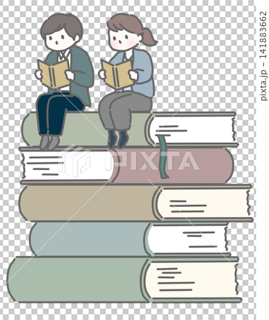 本の上に並んで座り読書する男女 本の上に並んで座り読書する男女 141883662