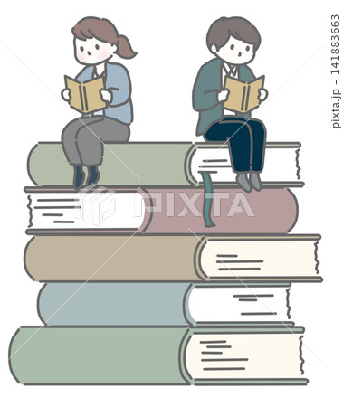 本の上に座って読書する男女 本の上に座って読書する男女 141883663