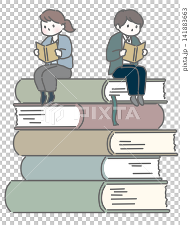 一男一女坐在書上看書。 141883663