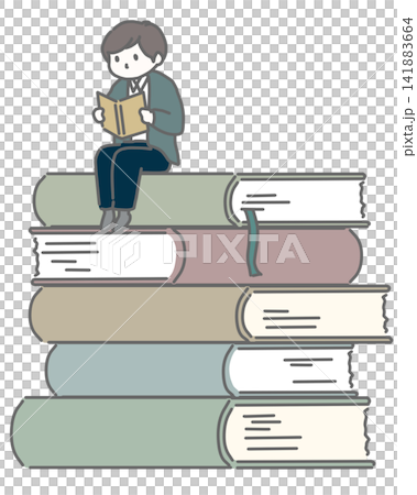一個男人坐在書上看書。 141883664