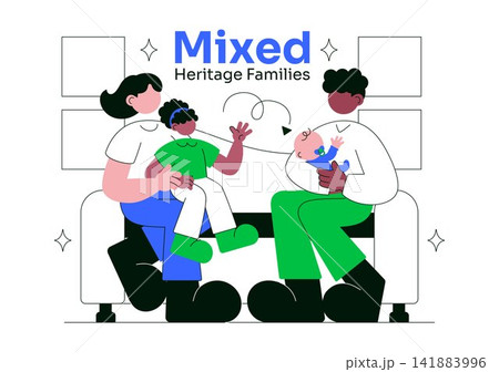 Mixed Heritage Families Vector Illustration Featuring Diverse Multicultural Parents and Children, Love, Unity, and Family Bonding 141883996