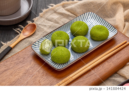 green tea matcha flavored chewy glutinous rice mochi balls green tea matcha flavored chewy glutinous rice mochi balls 141884424