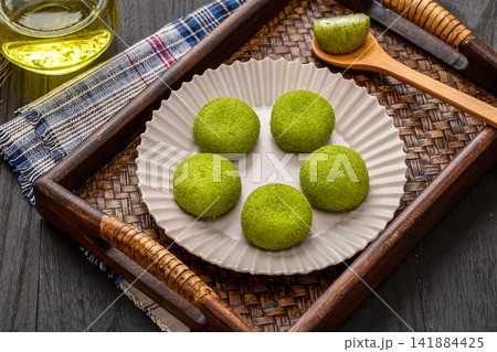 green tea matcha flavored chewy glutinous rice mochi balls green tea matcha flavored chewy glutinous rice mochi balls 141884425