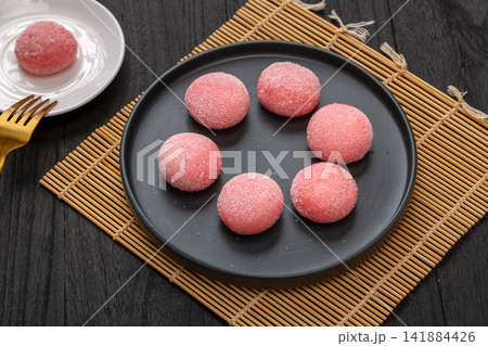 sweet strawberry flavored pink glutinous rice mochi balls sweet strawberry flavored pink glutinous rice mochi balls 141884426