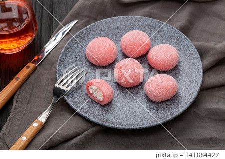 sweet strawberry flavored pink glutinous rice mochi balls sweet strawberry flavored pink glutinous rice mochi balls 141884427