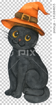 Black cat Halloween watercolor illustration set, cute sitting kitten with yellow eyes, spooky autumn night character, whimsical witch pet. Black cat Halloween watercolor illustration set, cute sitting kitten with yellow eyes, spooky autumn night character, whimsical witch pet. 141884655