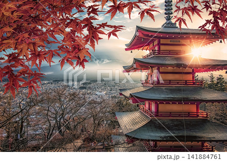 Famous Place of Japan with Chureito Pagoda and Mount Fuji in daytime Famous Place of Japan with Chureito Pagoda and Mount Fuji in daytime 141884761