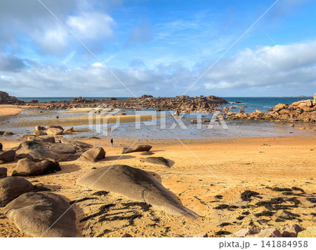Sandy bay with granite reefs and tidal pools in Tregastel, France 141884958
