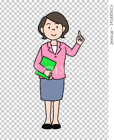 人差し指を立てポイントを説明するビジネスパーソンの女性のイラスト 人差し指を立てポイントを説明するビジネスパーソンの女性のイラスト 141885013
