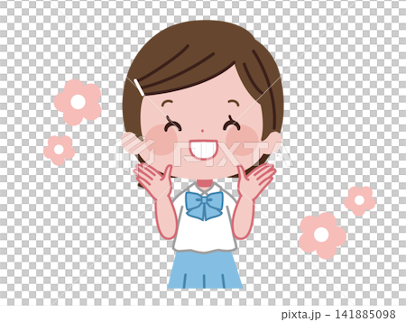 花マークと笑顔で喜ぶ夏服制服姿の女子生徒イラスト 141885098