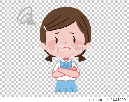 一幅插圖,描繪了一名身穿夏季校服的女學生,雙臂交叉抱在胸前,背景是漩渦狀圖案,神情憂慮。 一幅插圖,描繪了一名身穿夏季校服的女學生,雙臂交叉抱在胸前,背景是漩渦狀圖案,神情憂慮。 141885099