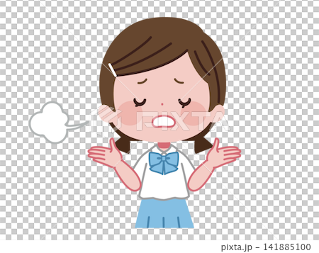 一幅插圖，描繪了一名身穿夏季校服的女學生嘆氣並舉起雙手錶示認輸。 141885100