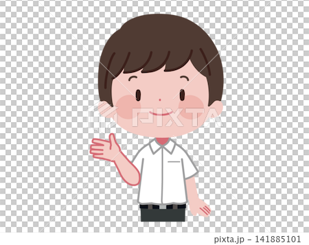 一幅插圖,描繪了一名身穿夏季校服的男學生用手掌指引方向。 一幅插圖,描繪了一名身穿夏季校服的男學生用手掌指引方向。 141885101