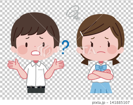 一幅描繪身穿夏季校服的男女學生的插圖,展現出疑惑和擔憂的表情。 一幅描繪身穿夏季校服的男女學生的插圖,展現出疑惑和擔憂的表情。 141885107