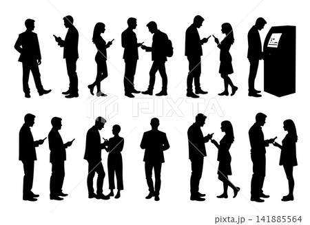 People using technology silhouettes set featuring phones and ATMs on white background 141885564