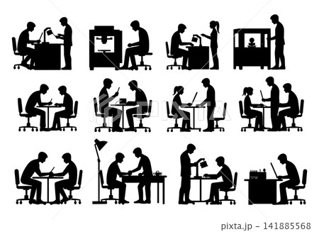 Scientific research silhouettes depicting laboratory technicians working with equipment 141885568