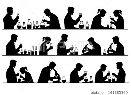 Scientific research silhouettes of scientists working with laboratory equipment and flasks 141885569