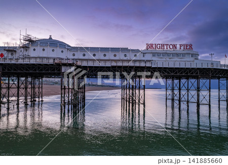 Low level drone image of Brighton pier at dawn Low level drone image of Brighton pier at dawn 141885660