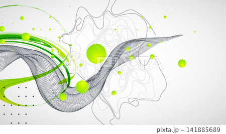 Abstract background with fluid green shapes, wireframe 3D grid wave, topographic lines and plexus network Abstract background with fluid green shapes, wireframe 3D grid wave, topographic lines and plexus network 141885689