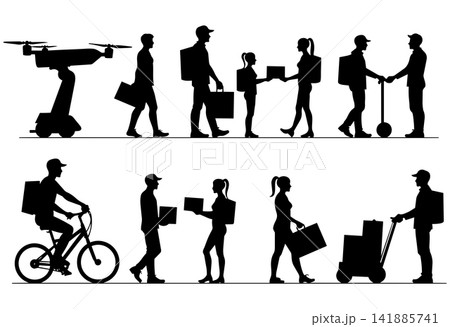 Delivery people silhouettes set drone scooter bike cart delivering packages urban service Delivery people silhouettes set drone scooter bike cart delivering packages urban service 141885741