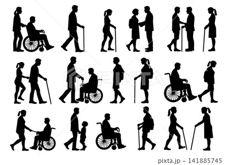 Elderly care assistance silhouettes set disabled people with crutches wheelchair support Elderly care assistance silhouettes set disabled people with crutches wheelchair support 141885745