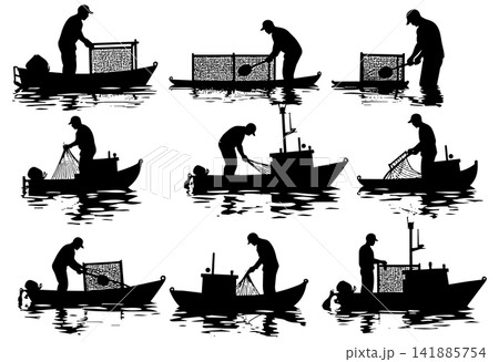 Fishermen silhouettes working on boats isolated on white background with sea ripple effect Fishermen silhouettes working on boats isolated on white background with sea ripple effect 141885754
