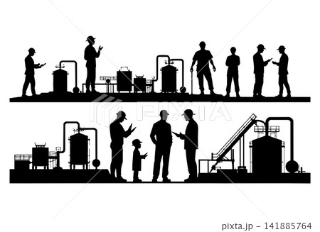 Industrial factory workers silhouettes working with machinery and large containers set Industrial factory workers silhouettes working with machinery and large containers set 141885764