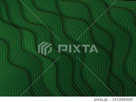 Green geometric abstract background with golden linear waves 141886400