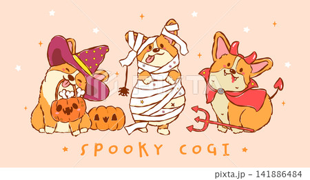 Cute Halloween corgi dog spooky costume playful hand drawn doodle set, whimsical cartoon character Cute Halloween corgi dog spooky costume playful hand drawn doodle set, whimsical cartoon character 141886484
