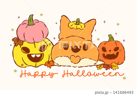 Cute kawaii Halloween corgi dog sploot butt and pumpkin playful hand drawn doodle, whimsical spooky cartoon character banner Cute kawaii Halloween corgi dog sploot butt and pumpkin playful hand drawn doodle, whimsical spooky cartoon character banner 141886493
