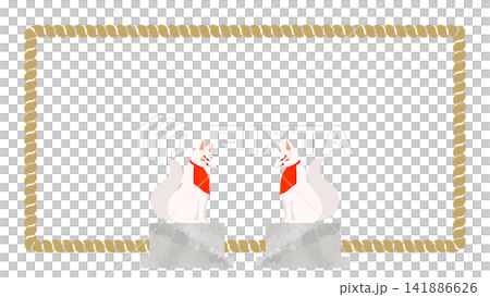 しめ縄を背景に向かい合う2体の稲荷狐像のフレームイラスト しめ縄を背景に向かい合う2体の稲荷狐像のフレームイラスト 141886626