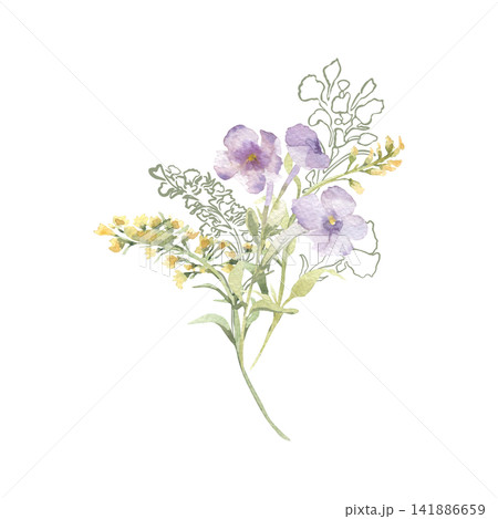 Delicate watercolor bouquet of purple pansy and yellow wildflower isolated. Soft flowers illustration with outline sketch elements hand drawn. Romantic botanical sketch for design greeting card. 141886659
