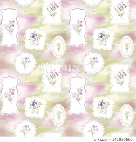 Seamless pattern with watercolor flower bouquet in whimsical frames. Romantic floral background with vintage paper label and meadow plant. Beauty repeat texture for textile or wallpaper hand drawn. Seamless pattern with watercolor flower bouquet in whimsical frames. Romantic floral background with vintage paper label and meadow plant. Beauty repeat texture for textile or wallpaper hand drawn. 141886660