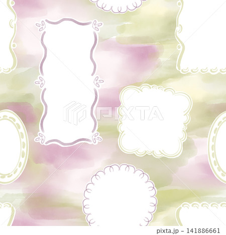 Seamless pattern with hand drawn ornate blank frames on colorful watercolor background. Repeat background with decorative borders for greeting card, wedding invitation, scrapbooking and craft project. 141886661