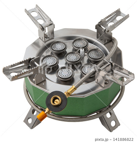 High power 7 burner portable camping gas stove with hose isolated on white background. Heavy duty outdoor cooking burner stove studio shot 141886822