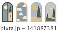 Minimalist Arch Window Landscape Collection. Mediterranean Views Vector Set 141887381