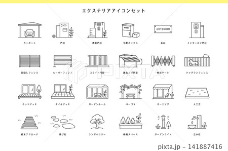 エクステリアアイコンセット24個|外構・カーポート・ガーデンを表す線画アイコン エクステリアアイコンセット24個|外構・カーポート・ガーデンを表す線画アイコン 141887416