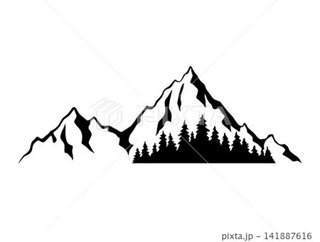 Black mountain, hill and rock silhouette. Vector rocky range and ridge with snow peaks and tops. Mountain nature landscape silhouette, hiking sport, tourism, outdoor adventure and camping themes Black mountain, hill and rock silhouette. Vector rocky range and ridge with snow peaks and tops. Mountain nature landscape silhouette, hiking sport, tourism, outdoor adventure and camping themes 141887616